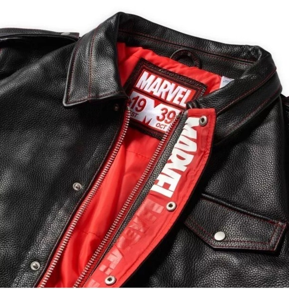 NEW W/TAG Disney Parks Marvel 1939 Black Red Authentic Leather Jacket XS $399 - Picture 2 of 6